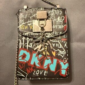 DKNY Black Graffiti Phone Crossbody with Aqua & Red Accents